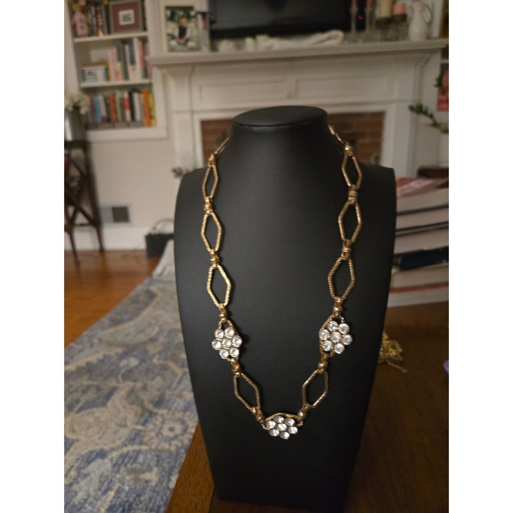 Goldtone Geometric Rhinestone Necklace Very Unique Vintage